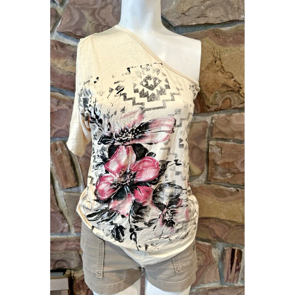 Coqueta Vintage Tattoo Heart Top Y2K Artsy Boho Hippie Stretchy Beige L- EUC